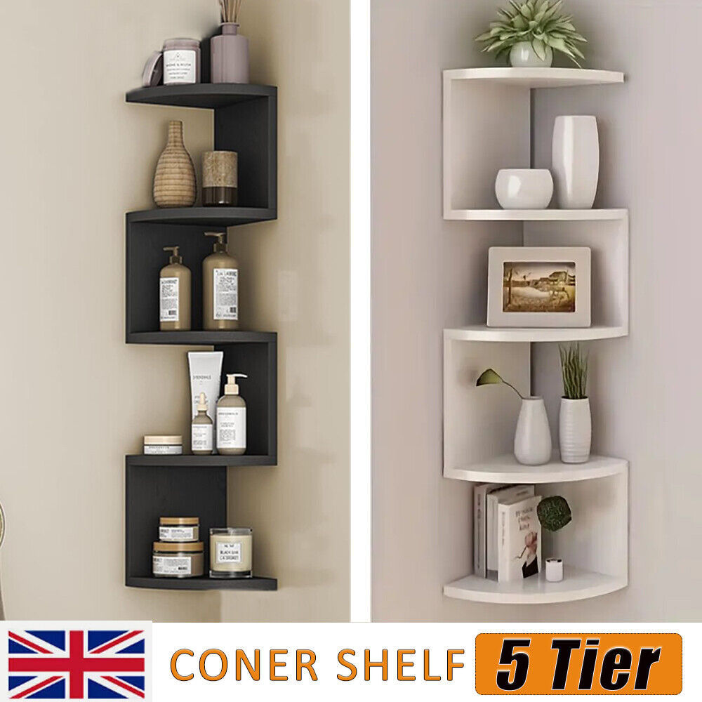 New 5 Tier Floating Wall Shelves Corner Shelf Storage Display Bookcase Unit