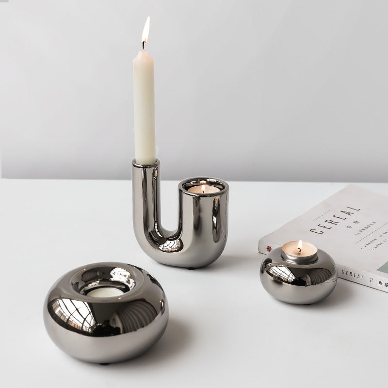 Modern Simple And Light Luxury Silver Plated Geometric Ceramic Candlestick Art Soft Outfit Decoration